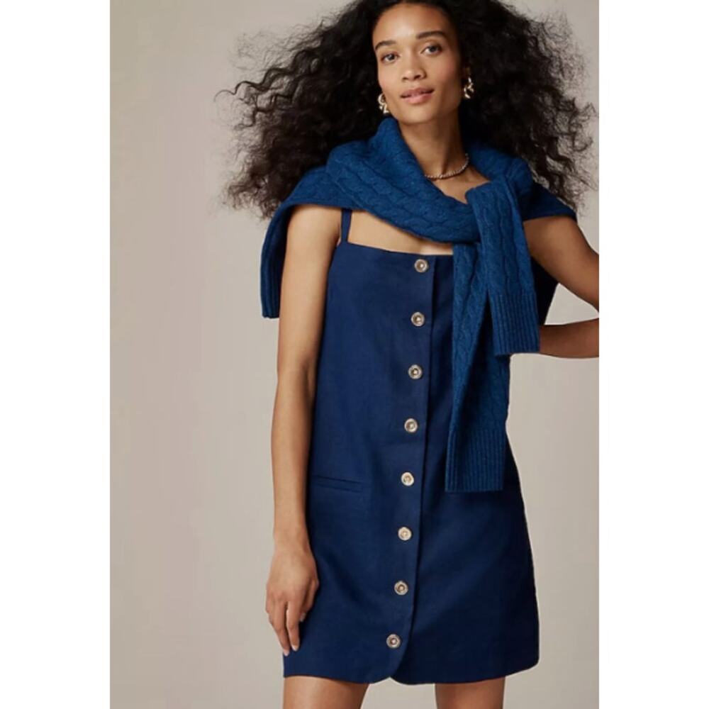 J.Crew Claudia Dress in Linen Dark Blue Size Small Mini Dress Button Front NEW